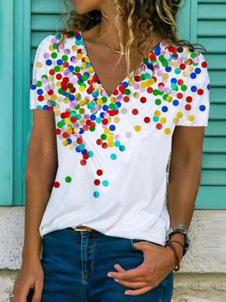 

a pois Maniche Corte Stampato Scollo a V Casuale Estate Bianco Superiore Misto Cotone, Tops