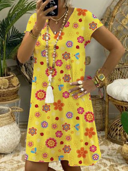 

Nuovo Donna Chic Vintage Bohemian hippie Vacanza Scollo a V Maniche Corte Abito, Giallo, Midi Dresses