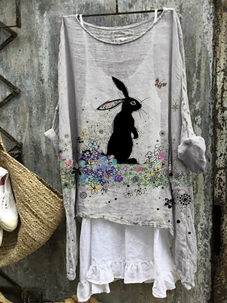 

Plus size Rabbit Long Sleeve Floral Tops, Gray, Tunics