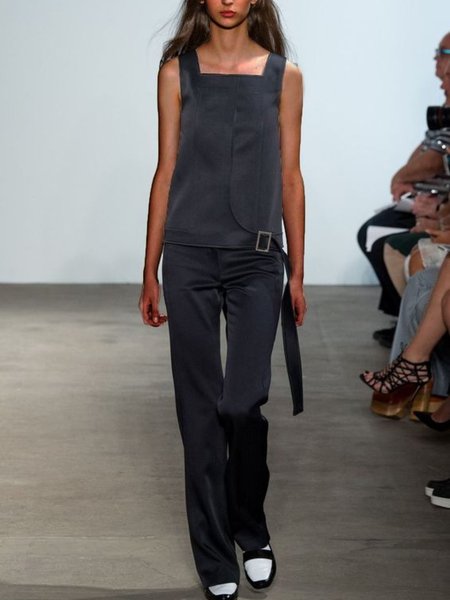 

Vintage Solido Pezzi Interi Senza Maniche Tuta, Nero, Jumpsuits
