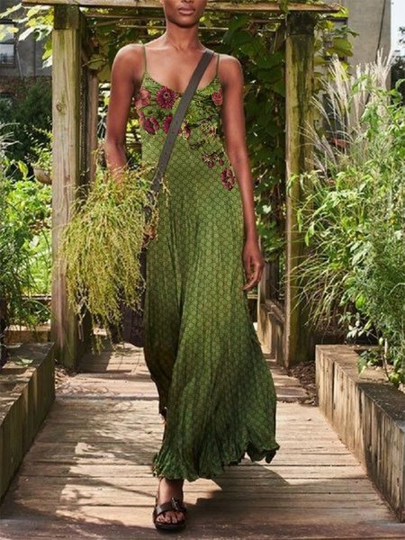 

Casual Printed Floral Weaving Dress, Green, Maxi Dresses