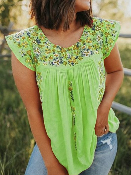 

Crew Neck Floral-Print Short Sleeve Tops, Green, Tops
