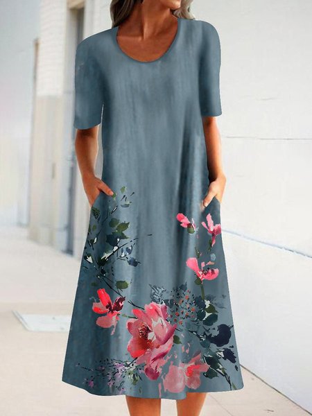 

Floral-Print A-Line Short Sleeve Dresses, Blue, Maxi Dresses