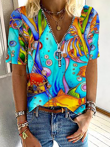 

Plus size Printed Short Sleeve Tops, Blue, Blouses & Shirts