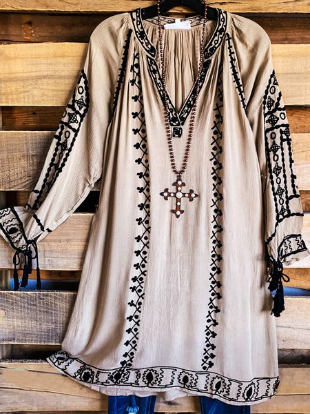 

Long Sleeve Casual Weaving Dress, Khaki, Boho dresses