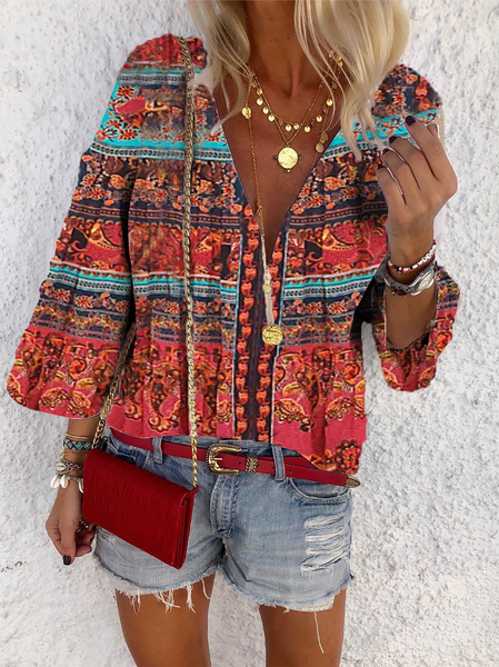 

Hippie Casuale Scollo a V Top, Rosso, Blouses & Shirts