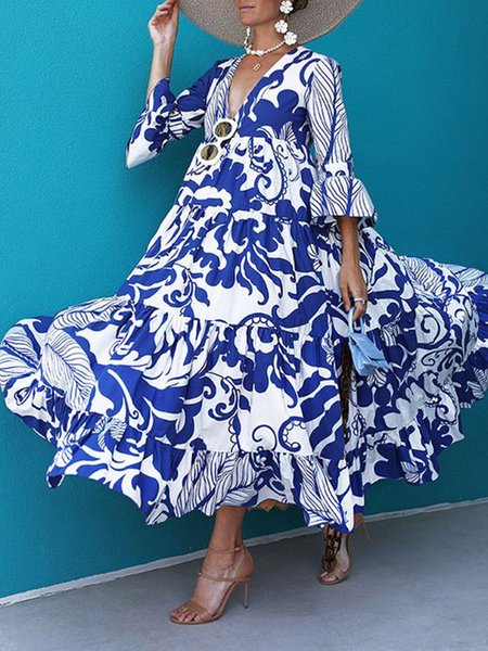 

A-Line 3/4 Sleeve Holiday V Neck Maxi Dress, Blue, Maxi Dresses