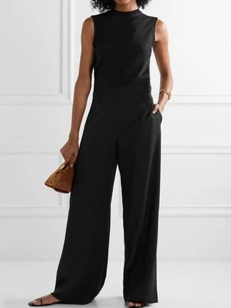 

Vintage Tinta Unita Statement Senza Maniche Tasche Casuale Tuta, Nero, Jumpsuits