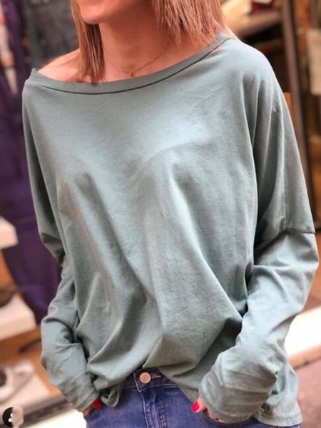 

Casuale Girocollo Misto Cotone Maniche Lunghe Top, Blu grigio, T-Shirts