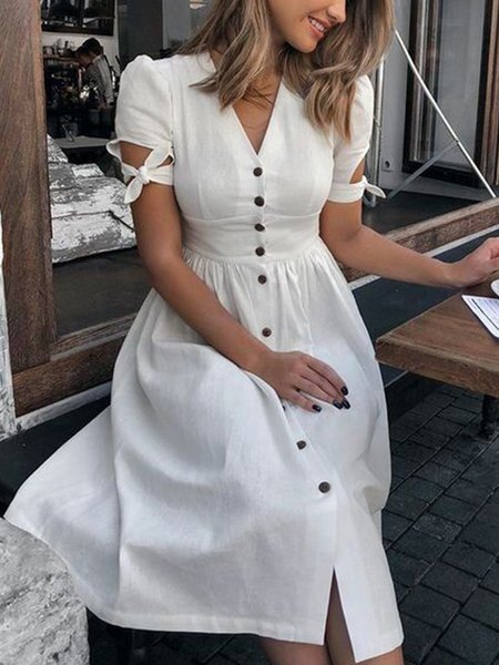 

Short Sleeve Vintage Dress, White, Maxi Dresses