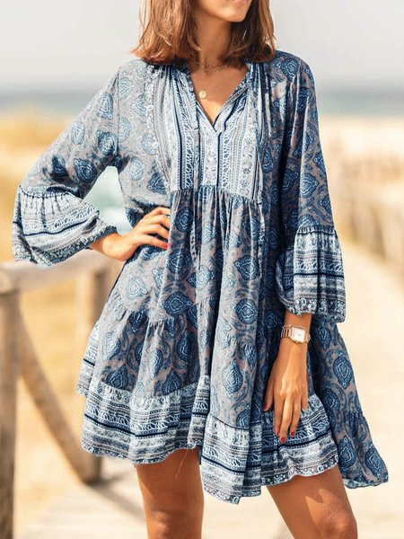 

Abito Dritto Misto Cotone Vintage Tribale, Blu, Dresses