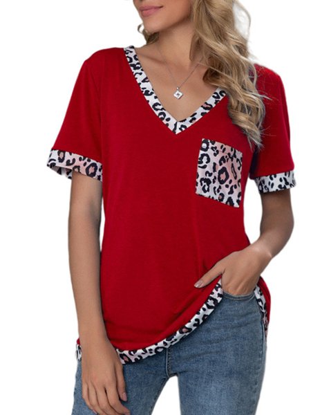 

Casual V Neck Polyester Paneled Daily Tees Short Sleeve Tee, Red, Tees