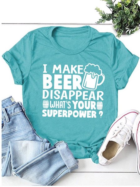 

Funny Beer Graphic Short Sleeve Round Neck Loose Tee, Turquoise, T-shirts