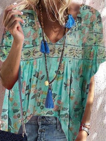 

V Neck Tribal Cotton Short Sleeve Tops, Green, Blouses & Shirts