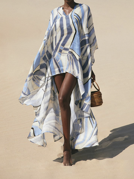 

With Cascading Bell Sleeves And A Long Cape-like Bodice Dress, Blue, Floral Dresses