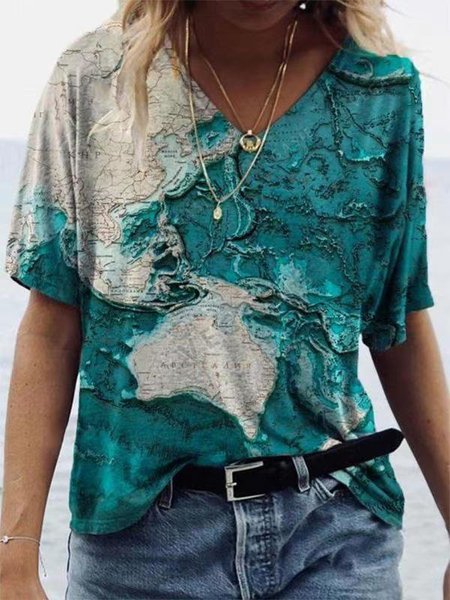 

Map Ocean Print Casual Short Sleeve T-Shirts & Tops, Blue, Tops