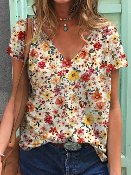 

Colorful Flowers Graphic Short sleeve V-Neck Casual Tee, Red, T-shirts