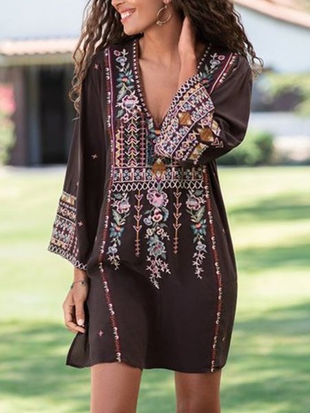 

Abito Bohemian Maniche Lunghe Scollo a V, Multicolore, Midi Dresses