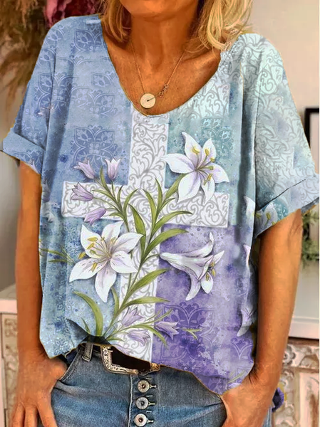 

Floral V Neck Shift Casual Shirts & Tops, As picture, Tops