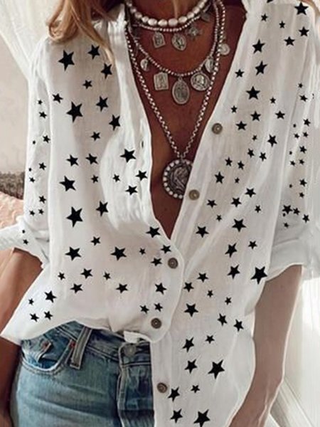 

Bianco Stelle Stampato Casuale Dritto Maniche Lunghe Colletto Rialzato Top, Blouses & Shirts