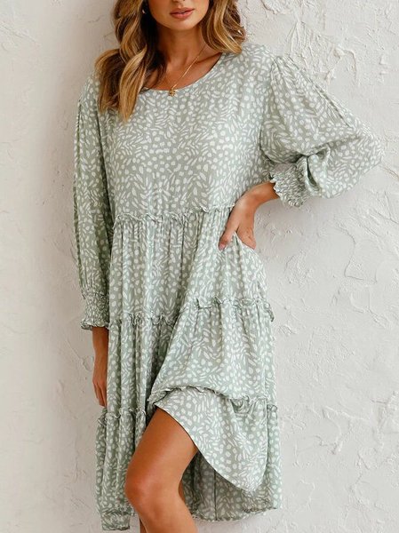 

Crew Neck 3/4 Sleeve Shift Boho Women Dress, Green, Midi Dresses
