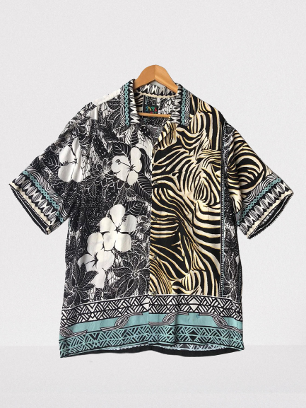 

Animal Print Shawl Neck Casual Shirts, Black, Men's Floral shirt