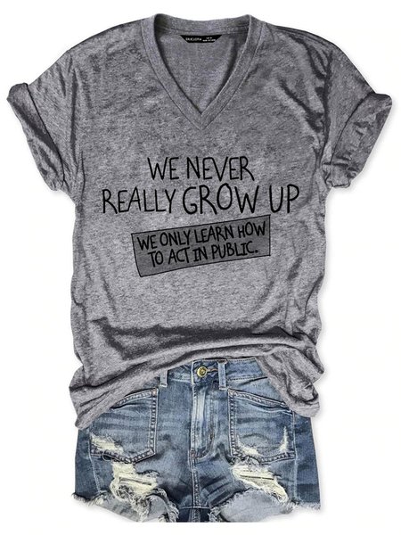 Ageing Graphic Short Sleeve V-Neck Casual Tee, Gray, T-shirts