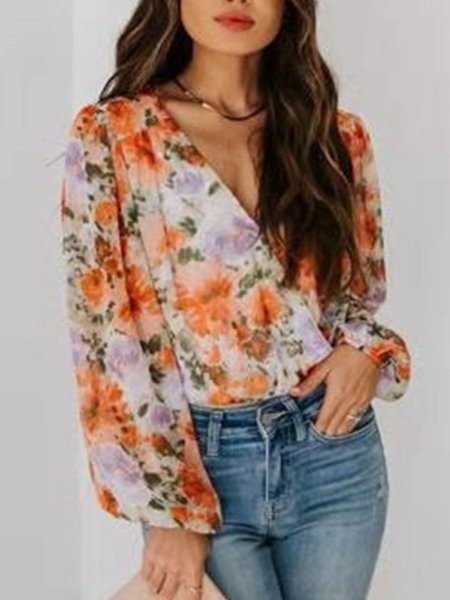

V Neck Floral Sweet Vintage Top, As picture, Blouses and Shirts