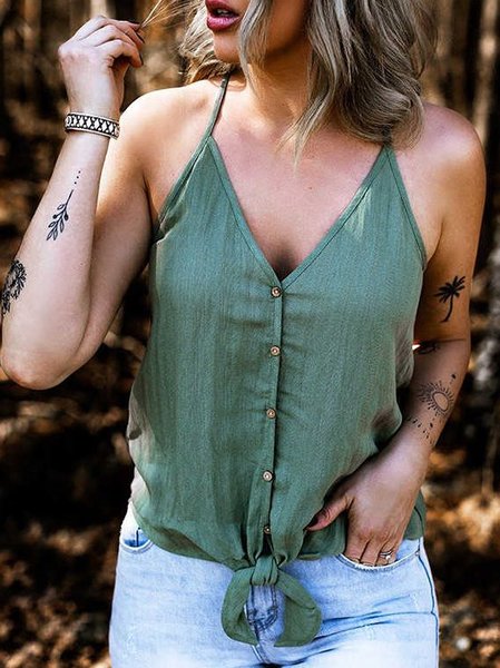 

Casual V-neck Strap Solid Color Top, Green, Tanks & Camis