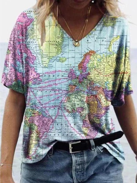 

Map Print V Neck Casual Shift T-Shirts & Tops, Blue, T-Shirts