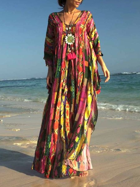 

V Neck Batwing Casual Maxi Dress, Flower, Dresses