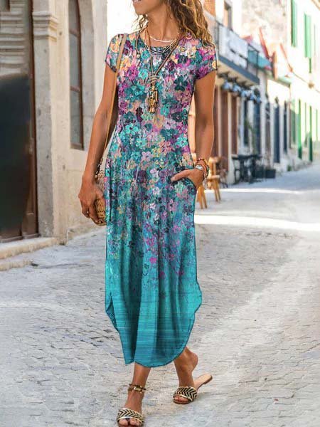 

Casuale Girocollo Stampato Floreale Abito Misto Cotone, Blu, Dresses