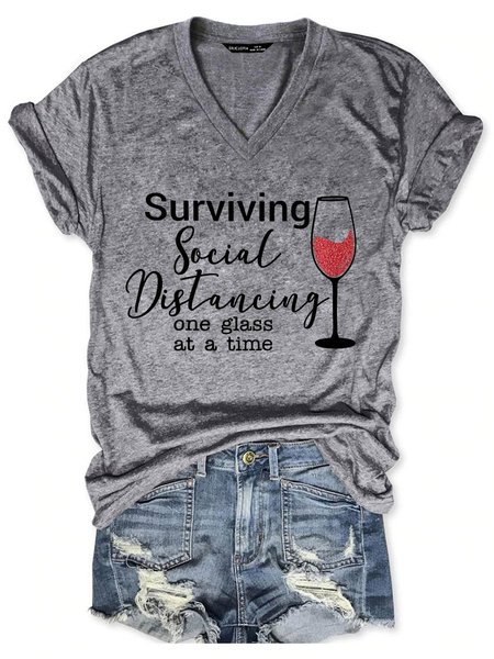

Surviving Social Distancing Graphic Short Sleeve V-Neck Loose Tee, Gray, T-shirts