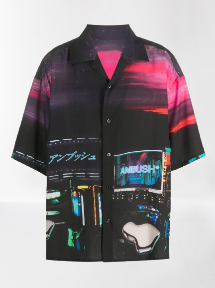 

Sunset View Print Shawl Neck Casual Shirts, Black, Men's Floral shirt