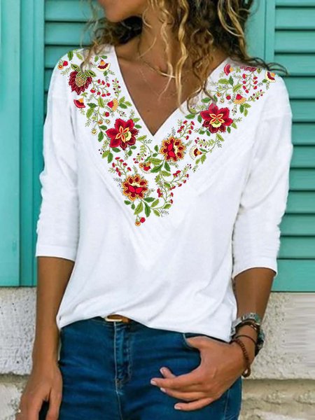 

Floreale Mezza Manica Stampato Misto Cotone Scollo a V Vintage Estate Bianco Superiore, T-Shirts