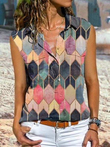 

Senza Maniche Cotone Geometrico Colletto a Camicia Top, Come immagine, Tank Top