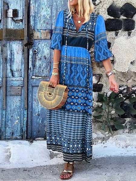 

Half Sleeve Geometric V Neck Weaving Dress, Blue, Boho dresses