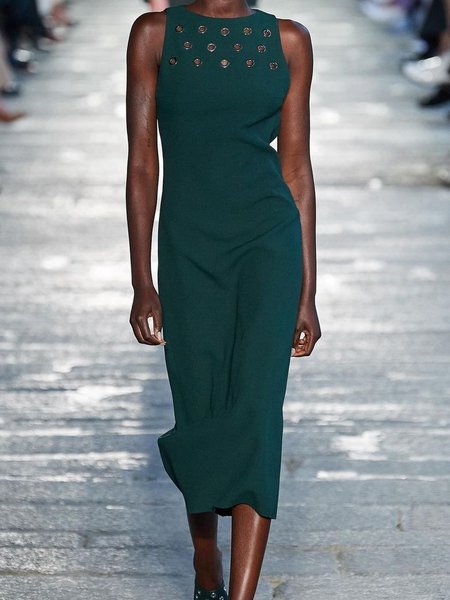 

Vintage Tinta unita incavato taglia grande senza maniche Girocollo Gonna Casuale, Verde scuro, Maxi Dresses