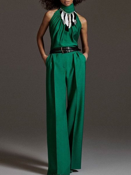 

Vintage Plain Statement Plus Size Sleeveless Pockets Casual Jumpsuits, Green, Jumpsuits