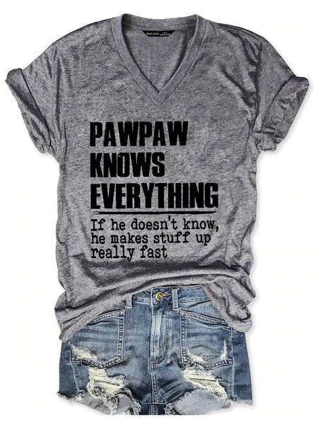

Pawpaw Knows Everything Casual Short Sleeve Cotton-Blend Woman Tee, Gray, T-shirts