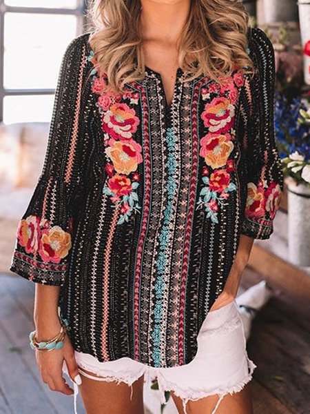 

Vintage Geometric Floral Printed Boho Plus Size 3/4 Sleeves V Neck Casual Tops, Black, Blouses & Shirts