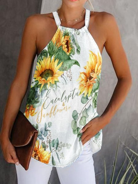 

Womens Sunflower Print Loose Tops, White, Tanks & Camis