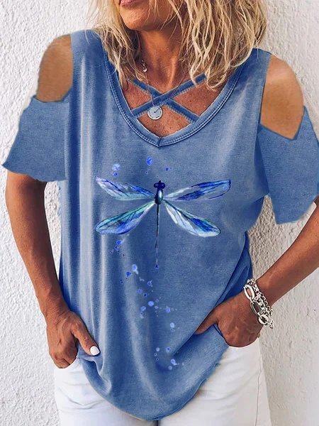 

Dritto Maniche Corte Casuale Top Cotone, Blu, T-Shirts
