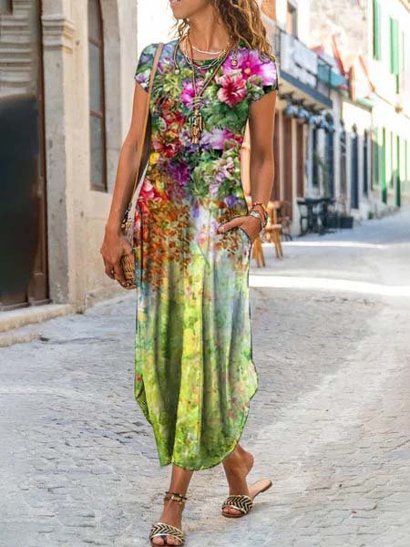 

Abito Casuale Maniche Corte Stampato Floreale Girocollo, Verde, Dresses