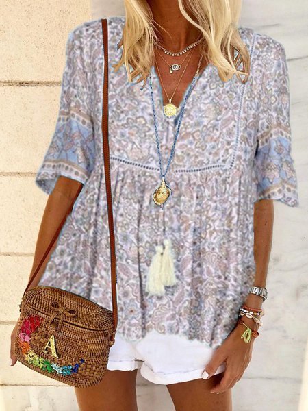 

Scollo a V Floreale Casuale Mezza Manica Top, Azzurro, Blouses & Shirts