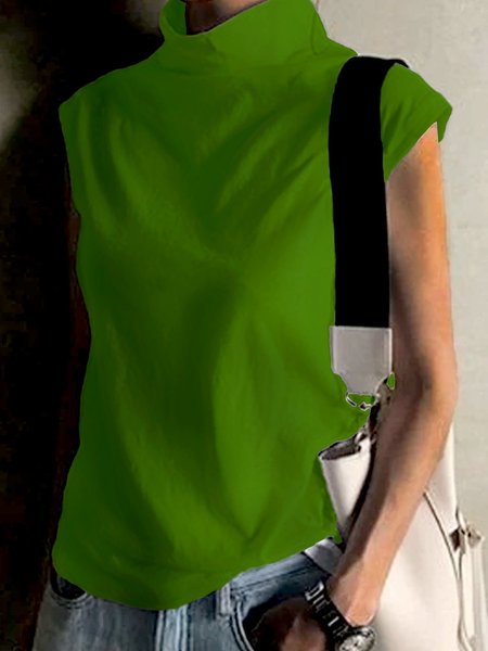 

Plus Size Cotton-Blend Vintage Sleeveless Turtleneck Shirts & Tops, Green, Tops