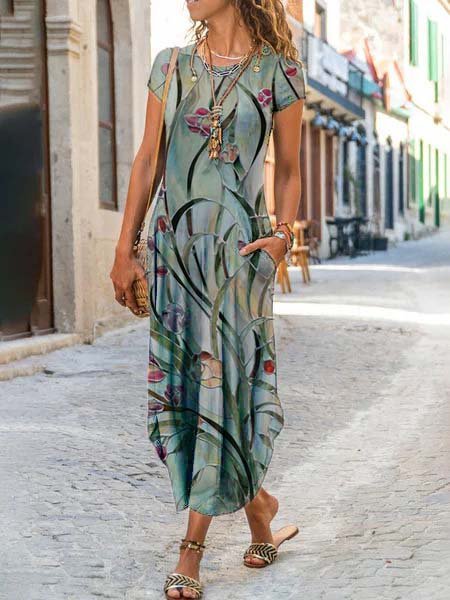 

Crew Neck Floral-Print Short Sleeve Knitting Dress, Blue, Maxi Dresses