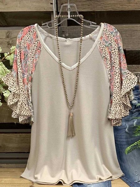 

V Neck Casual Cotton-Blend Shift T-shirt, Khaki, Tops