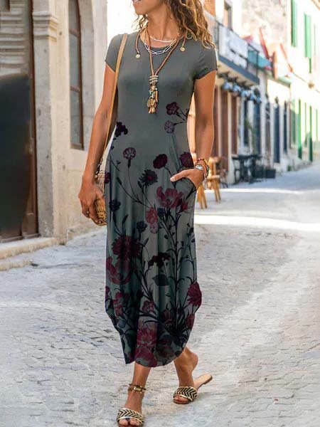 

Abito Maniche Corte Casuale Stampato Floreale Misto Cotone, Grigio, Dresses