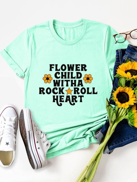 

Flower Child With A Rock Roll Heart Graphic Tee, Mint, T-shirts